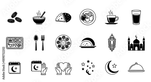 Delightful Culinary and Cultural Icon Set for Festive Islamic Celebrations and Daily Meal Graphics