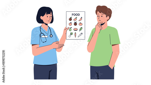 Nutritionist Consultation: A thoughtful patient considers the dietary suggestions of a healthcare professional in a consultation room, evaluating a visual food chart.