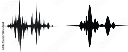 A visual comparison of two distinct sound wave patterns on a white background