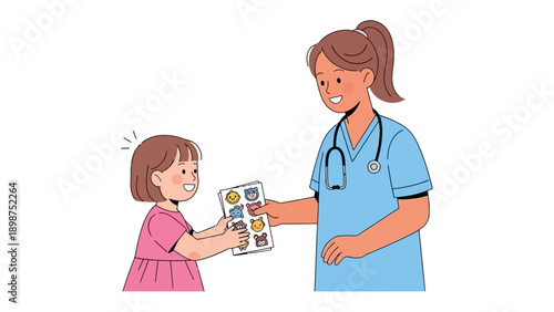 Pediatrician Consultation: A cheerful illustration of a doctor interacting with a young patient, focused on providing healthcare and treatment