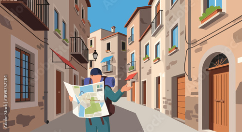 Male tourist with backpack holding map in old city street.