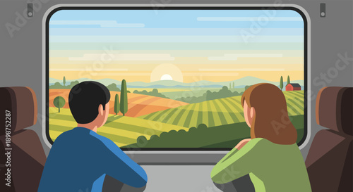 Travelers watching scenic sunrise landscape from train window.