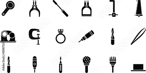 A set of black silhouette icons illustrating various specialized tools for jewelry making and repair