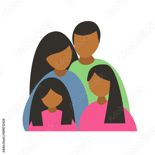 Minimalist afro family illustration with two adults and two children in abstract style. Friendly group of four people for community projects. Vector illustration.
