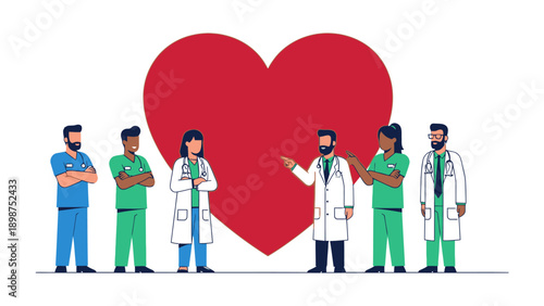 Healthcare Heroes: A team of medical professionals, united by a shared dedication to care, stands confidently before a heart, symbolizing compassion and commitment.