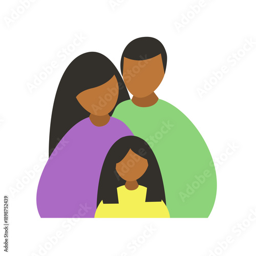 Simple character design of a black family of three in a friendly and inclusive vibe. Flat vector style for community support and social media graphics. Vector illustration.