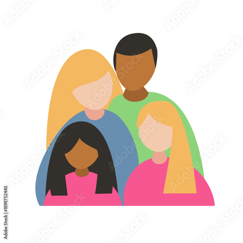 Multiracial family featuring four people in abstract style. Simple flat design of diverse parents and kids for togetherness and representation concept. Vector.