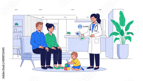 Family Wellness Consultation: A caring doctor provides consultation to a family with their child in a clinic environment.