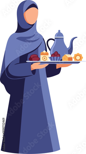 Woman in hijab holding food tray.