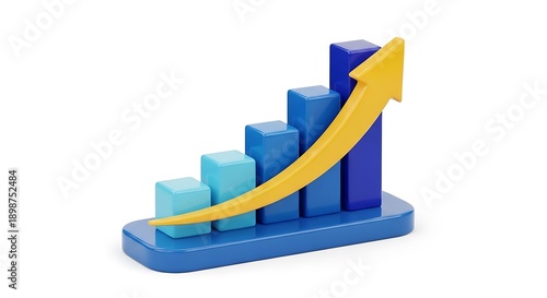 Free Download Stylized 3D graph with blue bars and a vibrant yellow arrow, representing positive business growth and upward financial trends on a white background. - GFXLoad