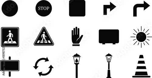 A collection of black and white icons representing traffic signs, street furniture, and general symbols.