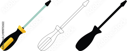 Screwdriver Set in Flat, Outline and Silhouette Style, Hand Tool Vector Illustration