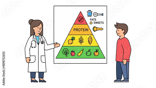 Nutrition Guidance: A healthcare professional points at a food pyramid diagram to educate a patient on the essential food groups needed for a balanced and healthy life. 