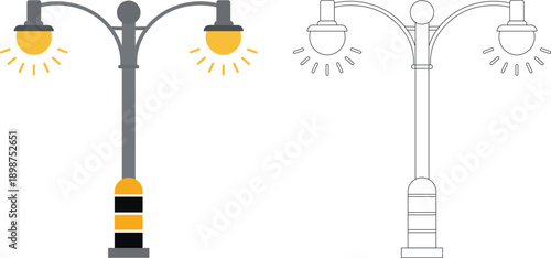 Double Street Lamp in Color and Outline Style, Urban Streetlight Pole Vector Illustration