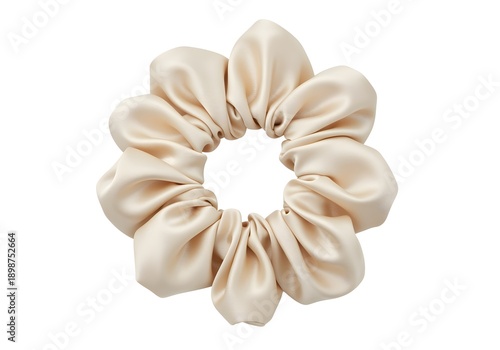 Elegant beige silk scrunchie hair accessory showcasing gathered fabric texture isolated on white