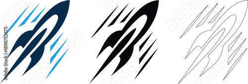 Rocket Launch Logo with Speed Lines, Fast Startup and Space Technology Vector Icon Set