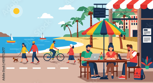 Digital nomads working on laptops at outdoor seaside cafe.