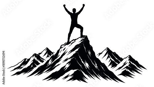 Silhouette illustration of a man on a mountain peak depicting triumph for success and achievement