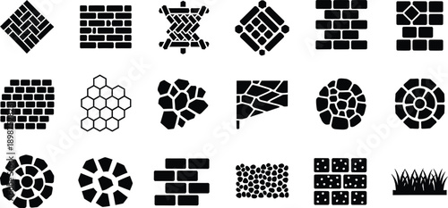 A collection of black and white icons illustrating various paving patterns and landscaping textures