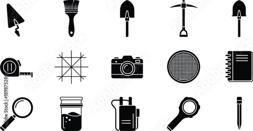 A collection of black and white icons representing various archaeological and fieldwork tools and equipment