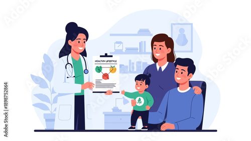 Healthy Lifestyle: A doctor, embodying wellness, consults with a family, illustrating concepts of balanced diet and active living, promoting health and wellness.