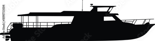Black boat silhouette illustration, modern passenger vessel side view, marine transportation design, minimalist ship icon isolated on white background