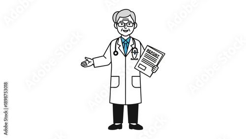 Healthcare Professional illustration: A line art illustration depicts a knowledgeable healthcare professional, confidently holding medical paperwork and offering a warm gesture.