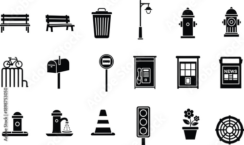 A comprehensive collection of black silhouette icons representing common city and street elements