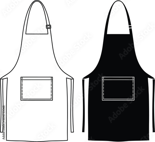 Two contrasting aprons, one white and one black, displayed side by side