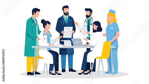 Medical Team Collaboration: A group of dedicated medical professionals collaborates around a table, engaged in a focused discussion.