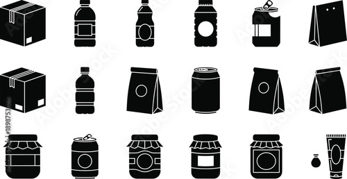 "Black silhouette packaging icon collection featuring cardboard boxes, bottles, jars, cans, paper bags, vials, and tubes for food, beverage, and consumer goods branding projects"