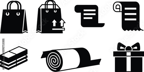 "Black and white packaging and shipping icon collection featuring shopping bags, receipts, packages, rolls, and gift boxes for retail, logistics, and branding projects"