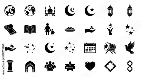 Diverse Islamic Culture Icon Set Representing Ramadan, Prayer, and Community Celebrations