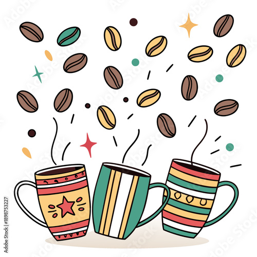 A cheerful scene with multiple colorful coffee mugs clinking together in celebration, beans floating in the air like confetti, flat vector art on a pure white background.
