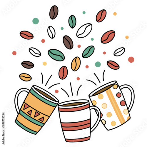 A cheerful scene with multiple colorful coffee mugs clinking together in celebration, beans floating in the air like confetti, flat vector art on a pure white background.