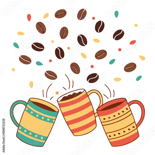 A cheerful scene with multiple colorful coffee mugs clinking together in celebration, beans floating in the air like confetti, flat vector art on a pure white background.