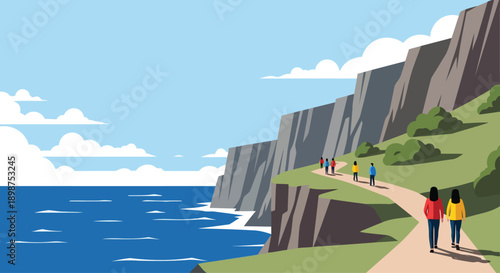 People hiking along scenic coastal cliff path near ocean.