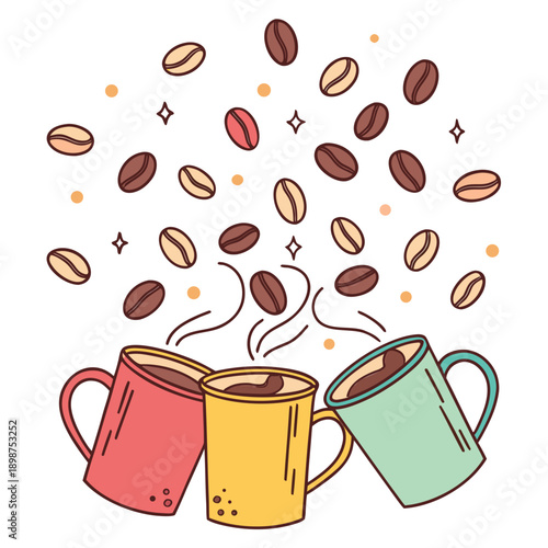 A cheerful scene with multiple colorful coffee mugs clinking together in celebration, beans floating in the air like confetti, flat vector art on a pure white background.