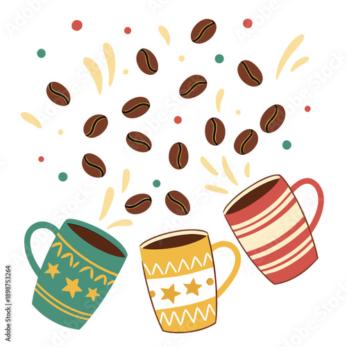A cheerful scene with multiple colorful coffee mugs clinking together in celebration, beans floating in the air like confetti, flat vector art on a pure white background.