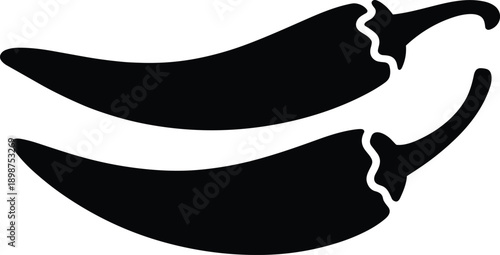 Black chili pepper silhouettes set, spicy hot vegetable shapes, minimalist food illustration collection, isolated capsicum icons for culinary design on white background