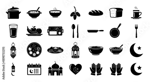 Essential Islamic Ramadan Kareem icons collection featuring traditional food, prayer, and cultural symbols