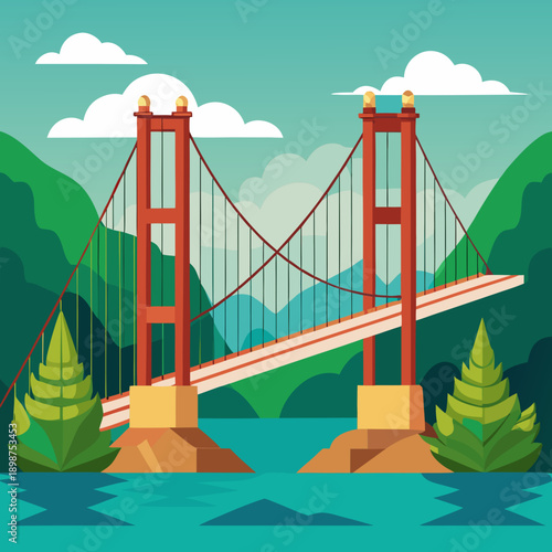Golden Gate Style Suspension Bridge in Green Valley Landscape