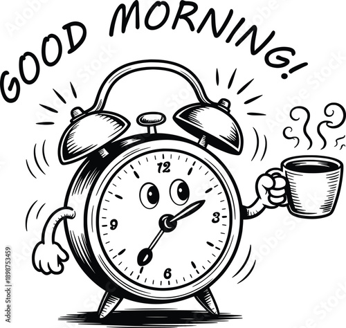 Good Morning Cartoon Alarm Clock with Coffee Illustration.
