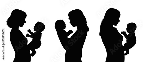 Silhouettes of women holding and feeding babies in a nurturing group setting isolated on white background, Vector, illustration