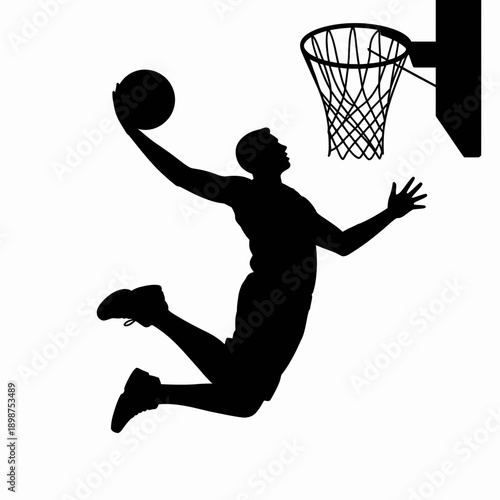 Dynamic basketball player executing a mid-air dunk with intense focus and athleticism isolated on white background, Vector, illustration