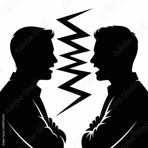 Two silhouettes separated by a jagged line symbolizing conflict or division isolated on white background, Vector, illustration