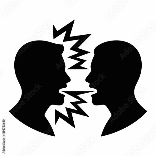 Two heads with a lightning bolt symbolizing a clash or conflict between individuals isolated on white background, Vector, illustration