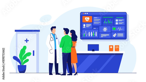 Patient Consultation in Modern Clinic: A doctor engaged in a thorough conversation with a patient and companion within a contemporary medical setting.