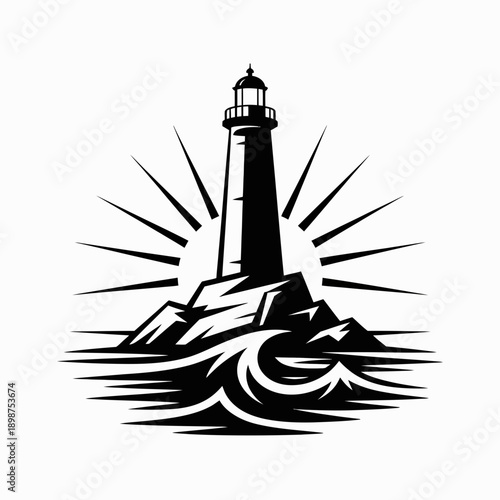 Vintage illustration of a lighthouse standing on rocky waves with a starry background isolated on white background, Vector, illustration