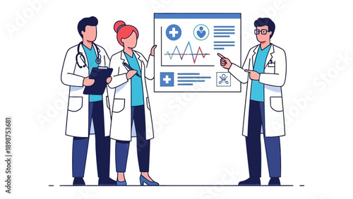 Healthcare Professionals in Discussion: Three dedicated medical experts collaborate, analyzing data, and strategizing in a modern clinic environment.